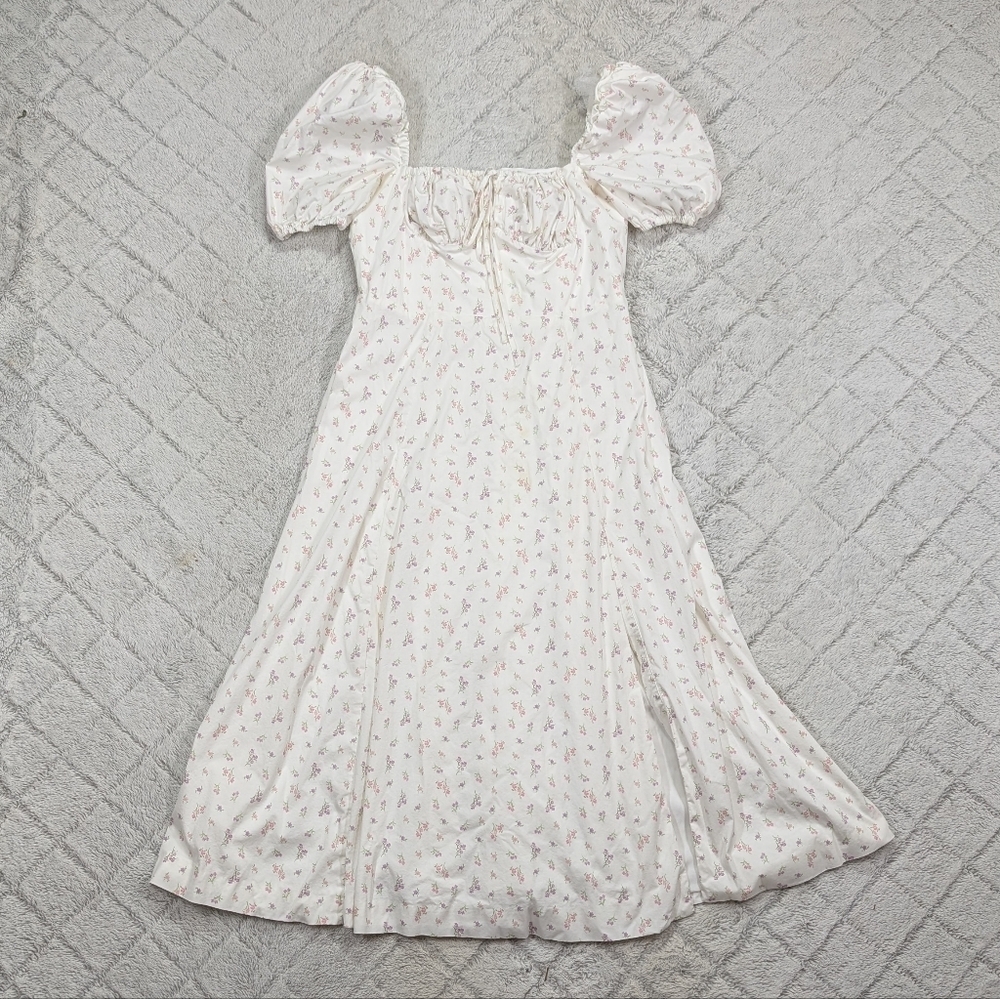 House of CB Cream Midi Dress with Pink Floral Motif and Puff Sleeves